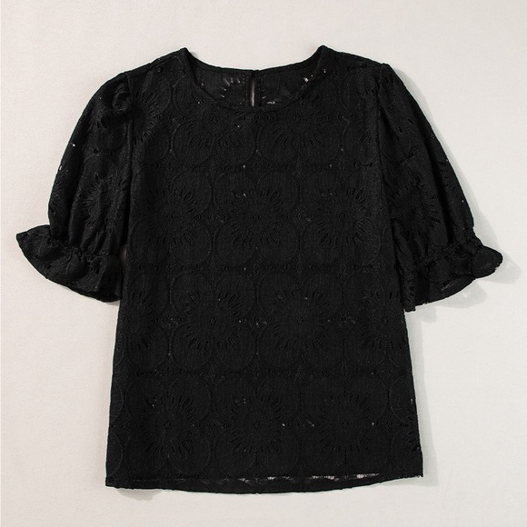 Black Flower Eyelet Jacquard Keyhole Flounce
Sleeve Top Bohemian Blouse - Picture 4 of 9